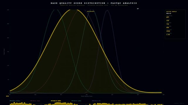 A glowing digital screen displays bioinformatics genome analysis as dynamic graphs animate quality score metrics during a complex laboratory DNA sequencing process for research.