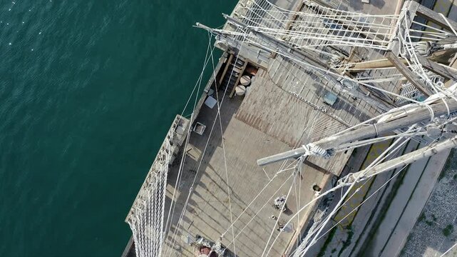 Details in aerial view of a replica of the 18th century Spanish combat galleon.