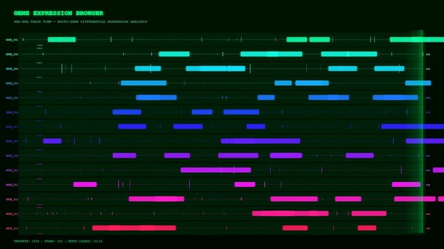 Digital bioinformatics genome analysis tools render colorful sequences of DNA data as horizontal bars gradually fill the dark screen during a complex molecular biology investigation.