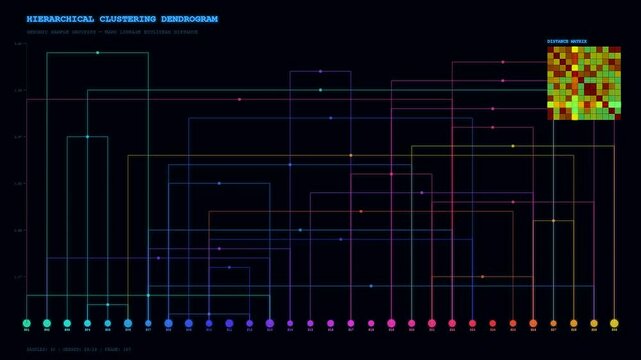 A sophisticated digital visualization of bioinformatics genome analysis showing a colorful hierarchical clustering dendrogram and distance matrix evolving across a dark screen with glowing lines.