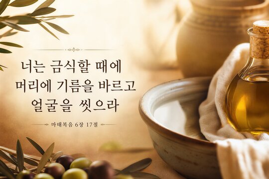 Sacred Korean Scripture Poster Illustrating Anointing Head and Washing Face During Fasting