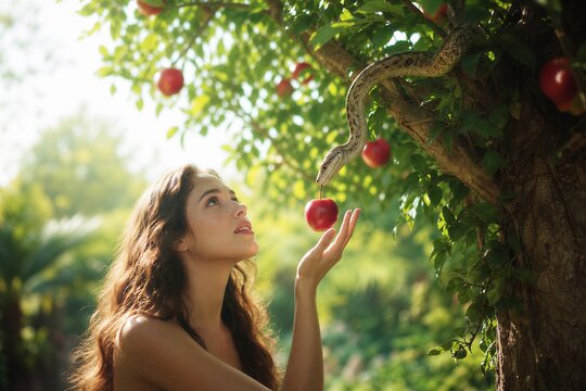 The serpent tempting Eve beneath the Tree of Knowledge, a serene biblical moment of quiet temptation and the dawn of original sin.