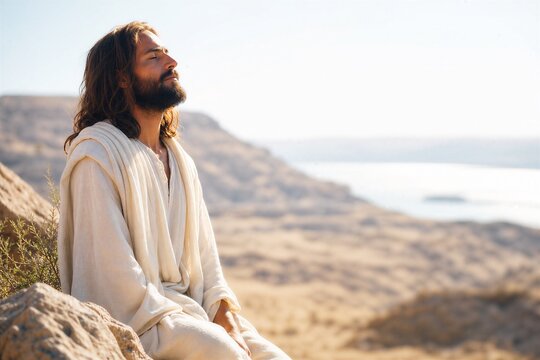 Jesus alone in a rocky desert, a serene biblical moment of fasting, contemplation, and spiritual endurance.