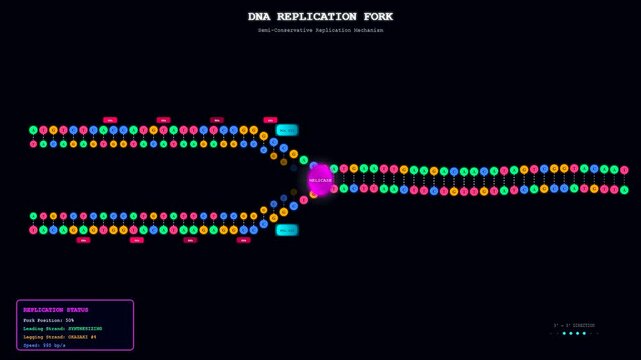 This detailed 3D animation explores bioinformatics genome analysis by showcasing a DNA replication fork where enzymes unzip the double helix to create new complementary strands.