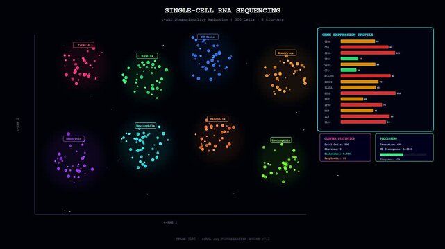 A dynamic interface showing a bioinformatics genome analysis processes single cell RNA sequencing data through animated t-SNE dimensionality reduction plots and updating gene expression bar graphs