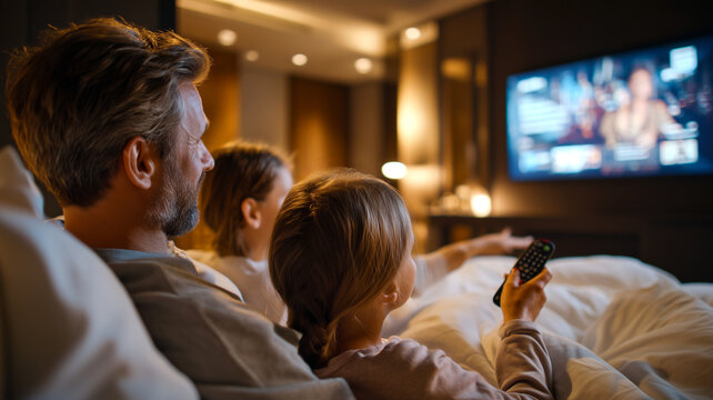 Happy family with father and children watching a movie on a big television screen in bed. Cozy evening streaming film or show with a remote control at home