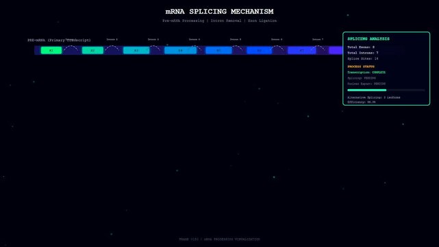 This digital video showing a bioinformatics genome analysis simulation visualizes the complex mRNA splicing mechanism with moving genetic sequences and real time data monitoring on screen.