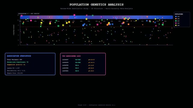 A digital interface for bioinformatics genome analysis visualizes complex population genetics through interactive scatter plots and statistical data points on a dark glowing screen.
