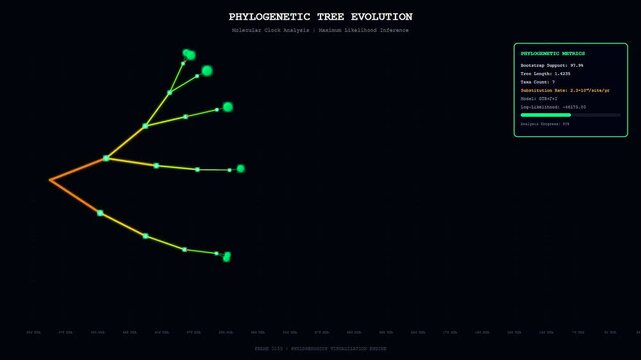 An intricate bioinformatics genome analysis visualization displays a dynamic phylogenetic tree expanding with glowing branches across a dark digital screen representing complex evolution