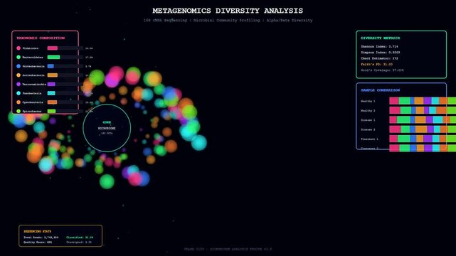 This interactive dashboard for bioinformatics genome analysis uses animated colorful spheres and intricate charts to display complex microbial community data and genetic diversity metrics.