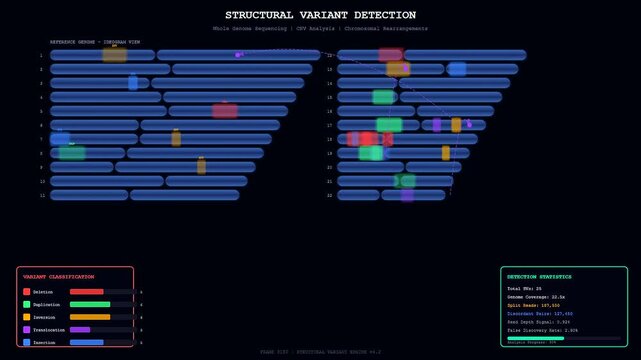 This digital interface displays advanced bioinformatics genome analysis while scanning human chromosomes to identify complex structural variants for medical research and clinical diagnostic purposes.
