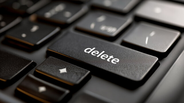 Macro close up of a black computer keyboard focusing on the delete key with white lowercase text, highlighting modern technology, office work, and digital concepts