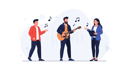 Obraz premium Diverse Trio Performs Music: Guitarist, Singer, and Director with Notes