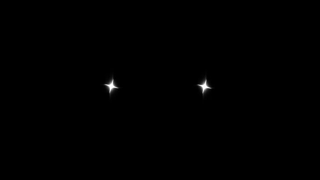 Sparkling star twinkle glitter white cartoon doodle animation, flat vector blinking shining light twinkling effect glowing on black screen background, starry sky festive overlay loop 4k video