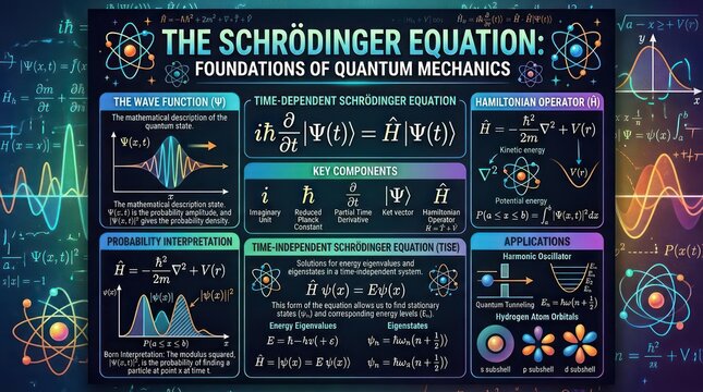 Quantum mechanics educational graphic showing key components of the schrodinger equation.