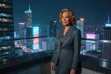 Fototapeta premium Woman in grey suit stands on balcony overlooking city skyline during rain at night. Dim ambient glow from distant skyscrapers illuminates her face while raindrops streak through dark air.