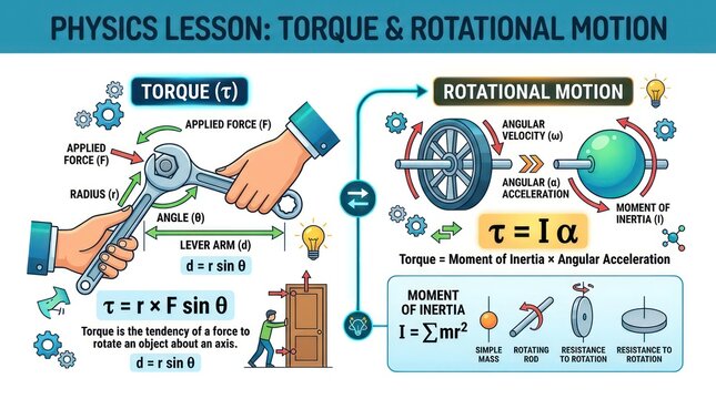 Physics lesson visual guide covering torque and rotational motion for academic instruction.