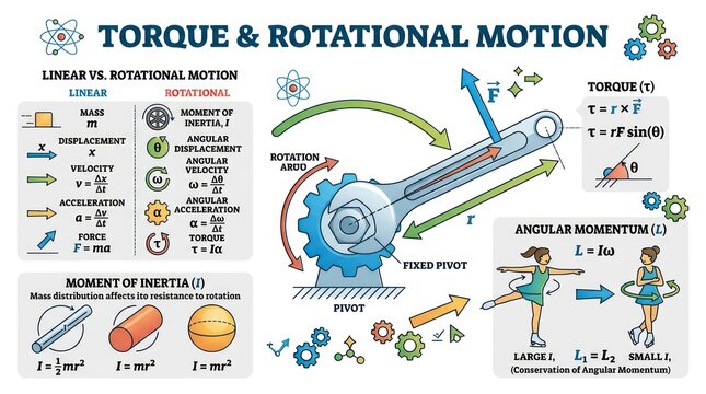 Physics poster illustrating key differences between linear and rotational motion equations.