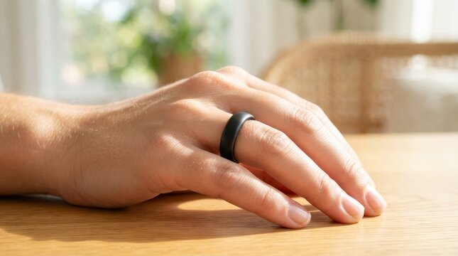 Close-up of a hand wearing a black ring on a wooden surface.