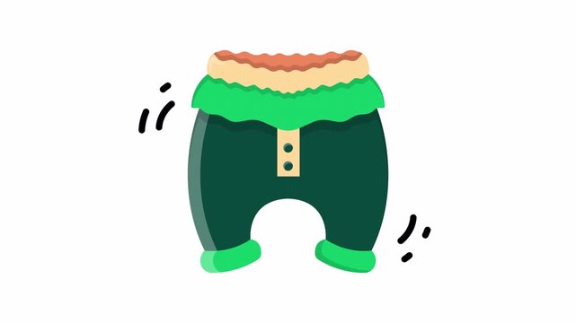 Green elf trousers with wool trim, button detail for festive holiday attire. Perfect for christmas cards, holiday invitations, and seasonal illustrations.