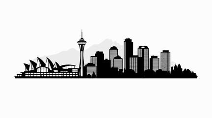 Obraz premium Cityscape Silhouette with Iconic Buildings and Mountains