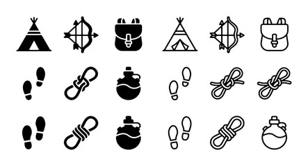 Camping and outdoor adventure icon set, 18 black vector icons featuring teepee tents, bow and arrow, backpacks, footprints, rope knots, and water canteens © Asset Aura