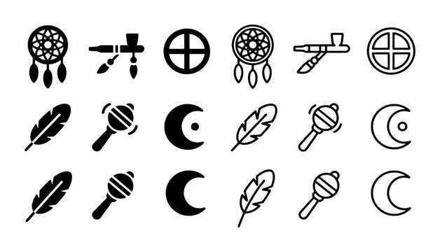 Native American culture icons set, indigenous tribal symbols vector collection, black dreamcatcher and peace pipe graphics for heritage design