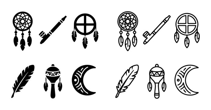 Native American tribal icons set, indigenous culture symbols including dreamcatcher and peace pipe, black vector silhouette and line art elements