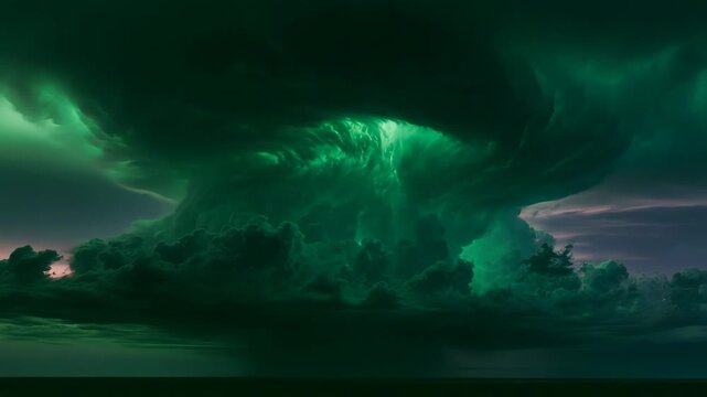 Massive green glowing supercell thunderstorm swirling over dark ocean for dramatic weather content