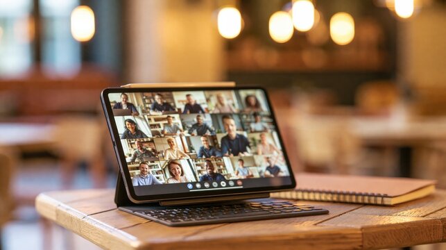 Tablet on a stand showing a blurred team video call grid beside a notebook on a cafe table