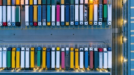Obraz premium Aerial top down view of neatly arranged cargo trucks at a logistics distribution hub at dusk