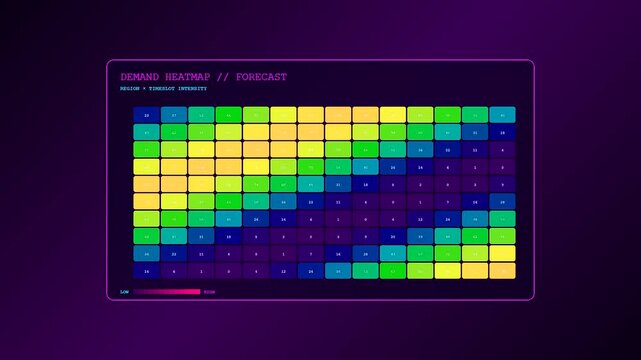 A predictive analytics display shows changing data grids with vibrant purple illumination and square cells that transition colors during a sequence of simulated motion graphics