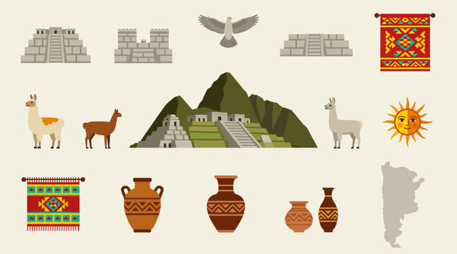 Peruvian Symbols Collection: Machu Picchu, Llamas, Pottery, Sun, and Map
