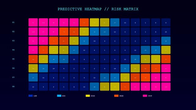a predictive analytics display showing shifting numerical values across three distinct grid panels illuminated in vibrant neon shades of pink blue orange and bright yellow
