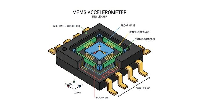 Isometric schematic view of single chip mems accelerometer with proof mass and electrodes.