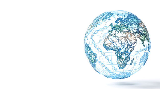 Transparent Earth globe with intricate DNA double helix patterns, symbolizing global genetic connections, advanced scientific research, and interconnected data networks