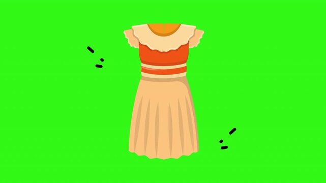 Mirabel madrigal dress features orange and white ruffled short sleeves on a bright green background. Suitable for fashion design projects.