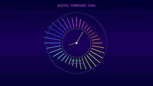 A digital predictive analytics display showing circular colorful bar graphs changing values on a dark interface representing modern software data visualization for finance and market tracking