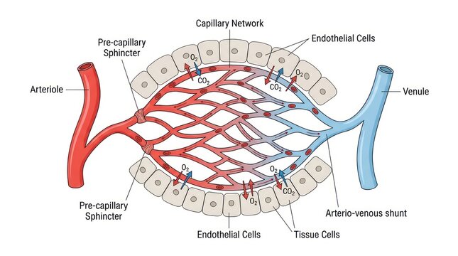 Capillary network showing oxygen and carbon dioxide exchange between blood and cells tissue.