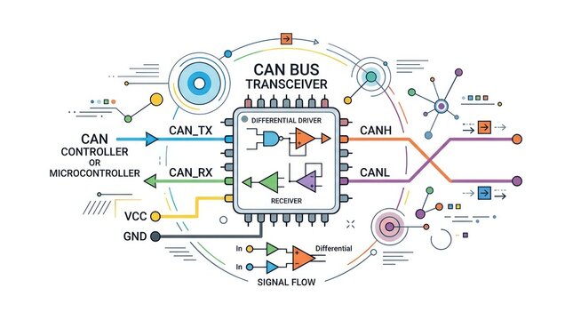 Can bus transceiver electronic schematic diagram showing signal flow and communication path.
