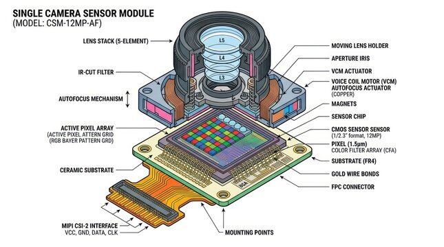 Technical diagram of single camera sensor module showing components and internal structure.