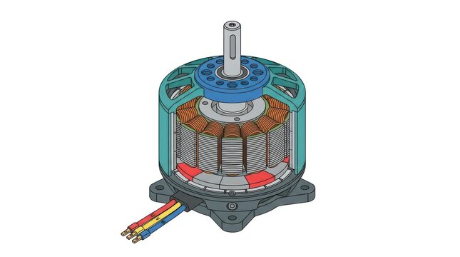 Industrial brushless electric motor component rendered in isometric style for engineering.