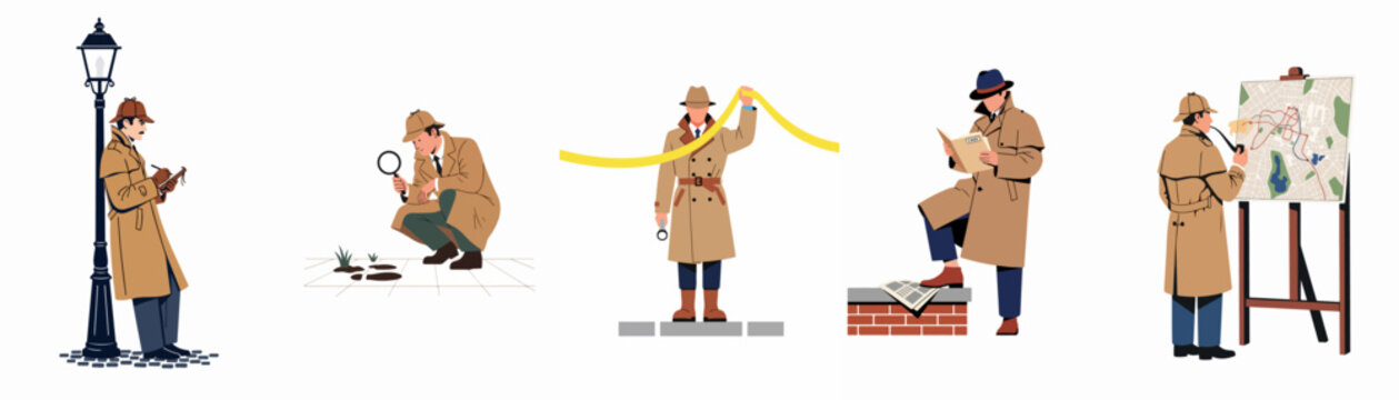 Set of flat vector illustrations depicting a classic detective in a trench coat investigating scenes, examining clues, and solving mysteries on a white background.