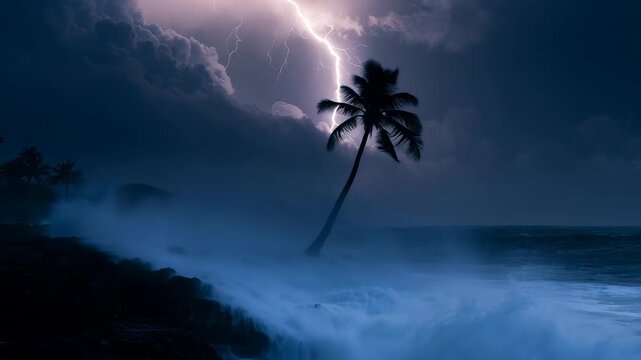 Palm tree bending in violent tropical storm with lightning and crashing waves for weather and nature content