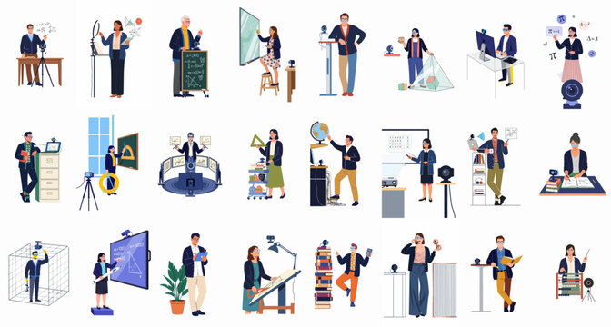 Set of 21 flat illustrations featuring diverse teachers and professors conducting online lectures and remote education in mathematics, science, and technology.