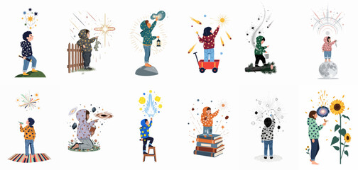 Fototapeta premium Set of cute children illustrations exploring the universe and celestial wonders, capturing the magic of childhood imagination and astronomical discovery.