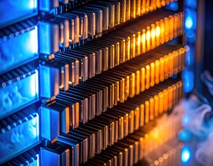 Obraz premium Hyper realistic close up shot of server rack hardware with glowing blue and orange LED lights
