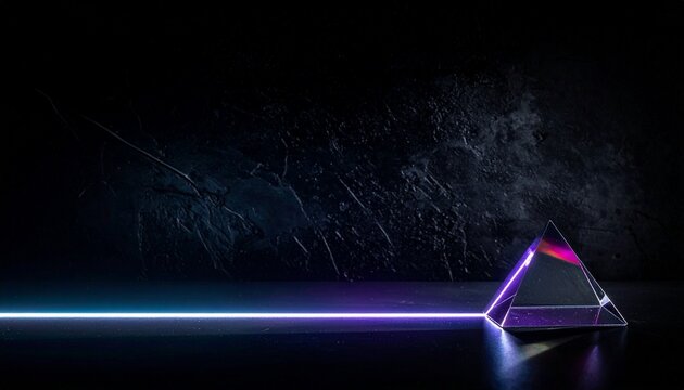 Dark creative banner featuring a glass pyramid prism reflecting a neon purple and blue light beam