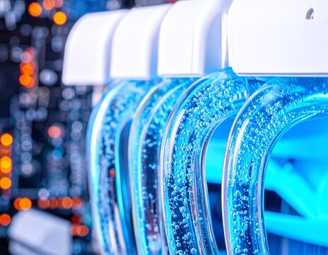 Extreme close up of high end computer liquid cooling system with blue bubbling coolant tubes