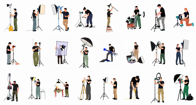 Flat vector illustrations of professional photographers, videographers, and crew members using studio lighting equipment, tripods, softboxes, and various production tools on a white background.